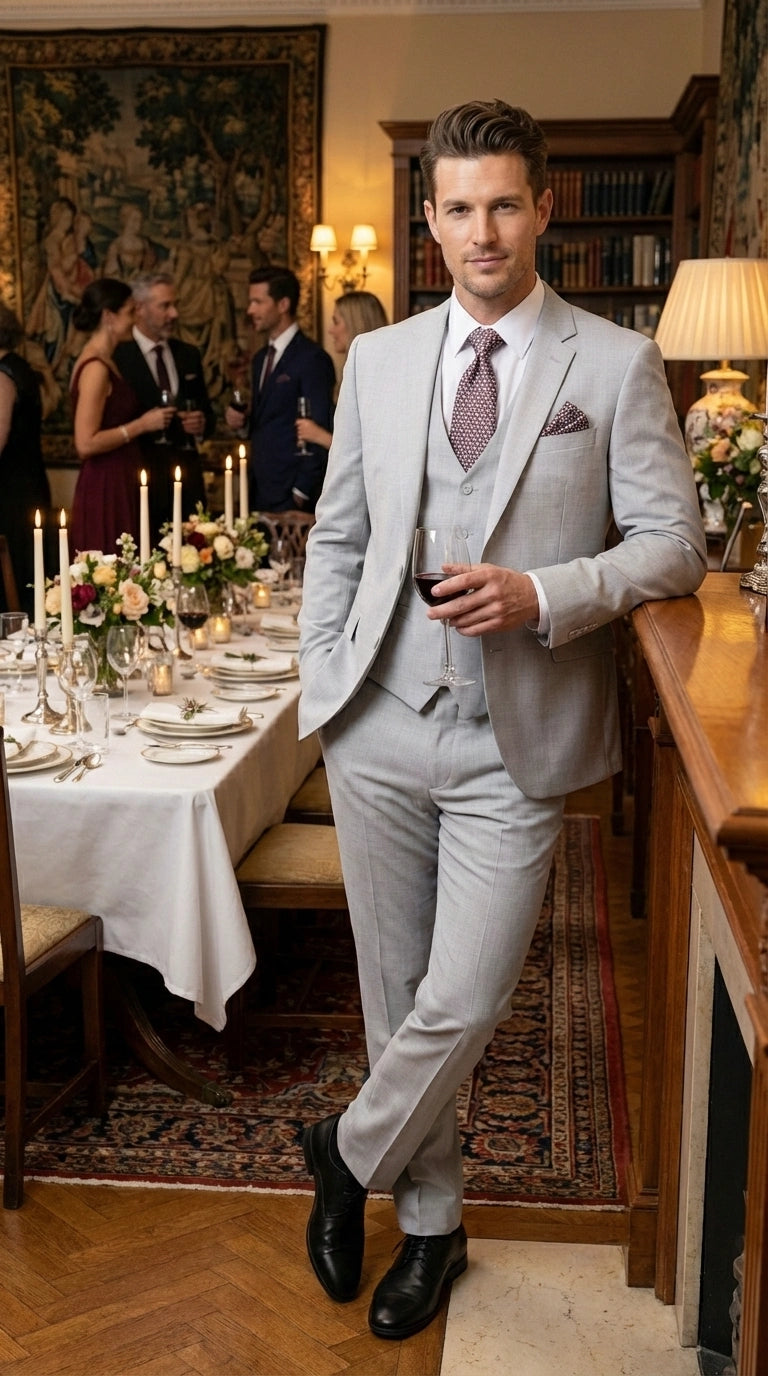 Men’s Light Grey Sharkskin 3 Piece Suit – Two Button Vested Modern Formal Business Suit for Wedding in silver Ice Gray