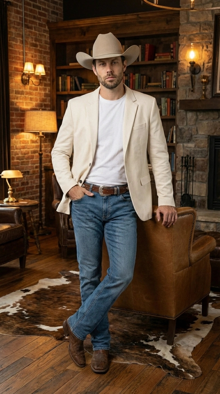 Men’s Off White Casual Blazer – Classic Western Style Lightweight Summer Cowboy Jacket Casual Ivory Cream Color