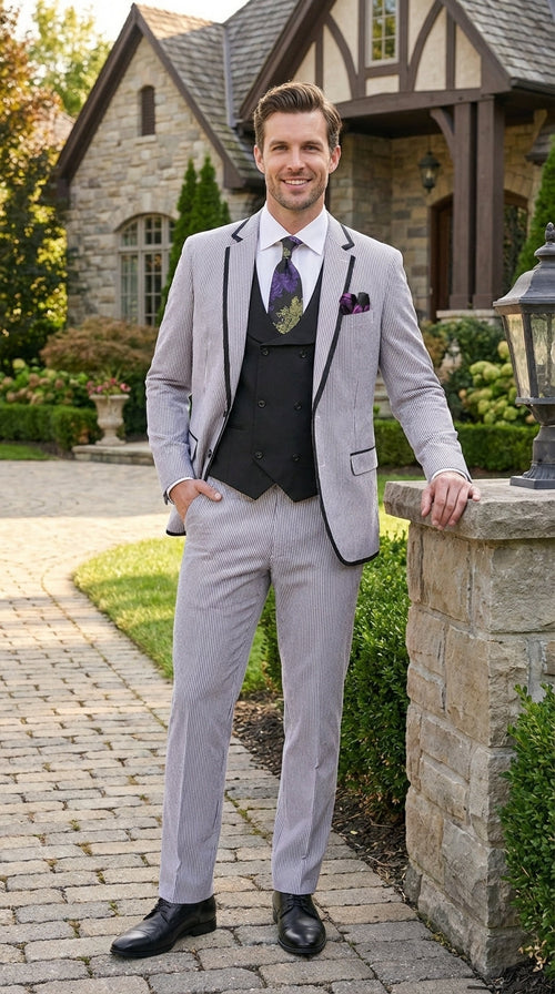Mens Black and White Pinstripe Wedding Tuxedo Suit – Three Piece Formal Suit Set with Contrast Trim for Groom, Prom - Seersucker Summer Suit