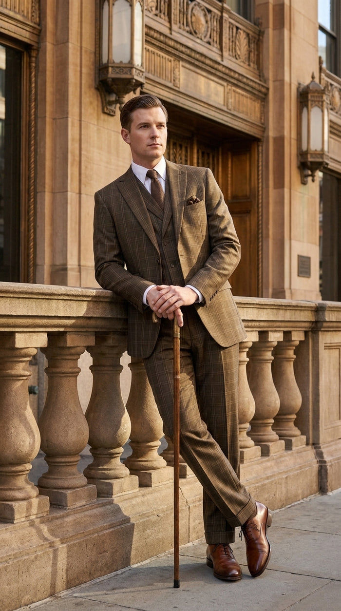 Men’s 1930s Brown Plaid 3 Piece Suit, Vintage Formal Wedding Business Dress Suit Set