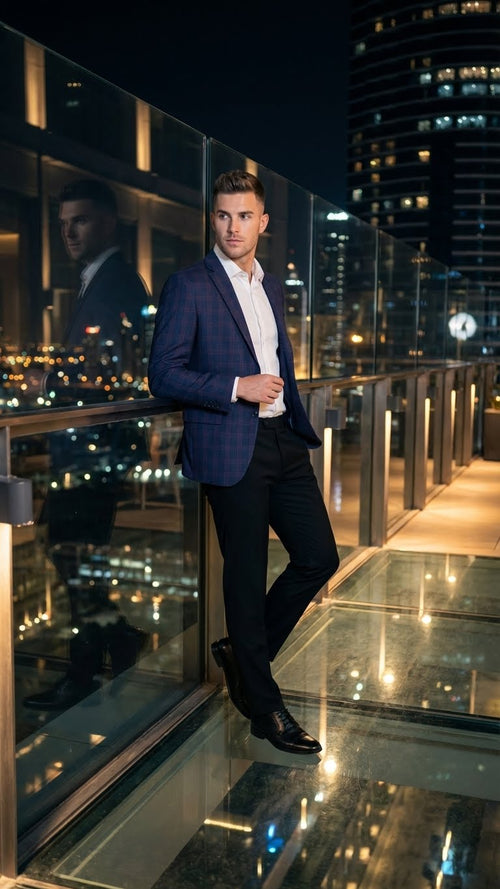 Men's big and tall navy jacket with burgundy plaid. Structured, single-breasted design, notched lapels, and smooth fabric.
