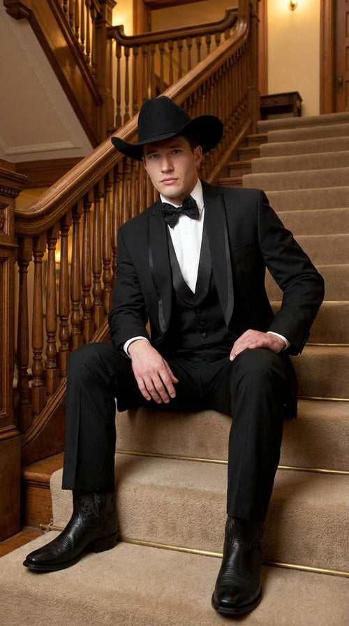Black Western Tuxedo for Men | Classic Three Piece Formal Wedding Peak Lapel with Trim Collar Cowboy Suit