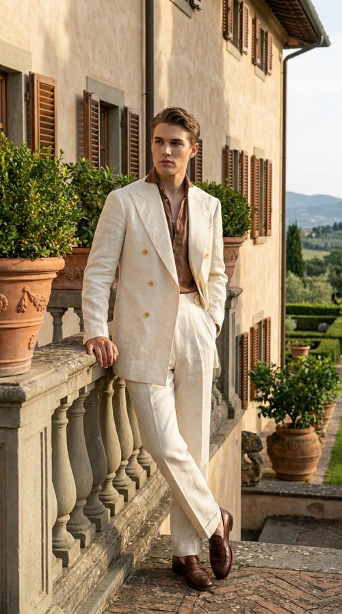 Men’s Off White 70s Style Double Breasted Suit – Vintage Retro Wide Lapel Classic Outfit for Party, Wedding and Casual Fashion Wear