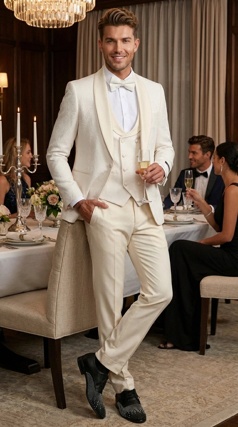Men’s Ivory Paisley Tuxedo Suit 3 Piece – One Button Vested Satin Formal Suit for Wedding in Off white Cream Color