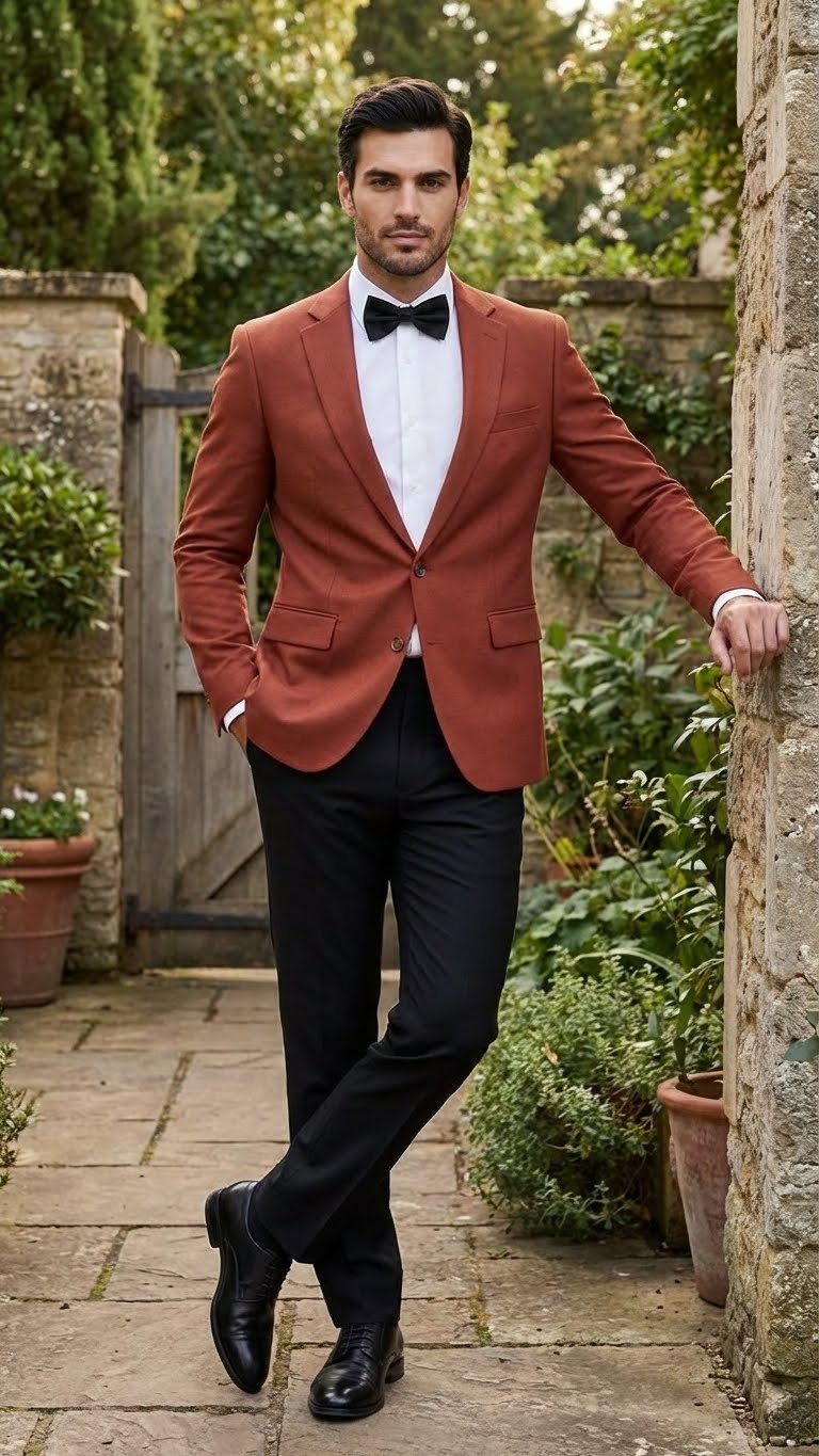 Alberto Nardoni men's blazer in brick copper. Structured design with single-button closure, notch lapels, and two front pockets. Tailored fit, smooth fabric, rich hue.
