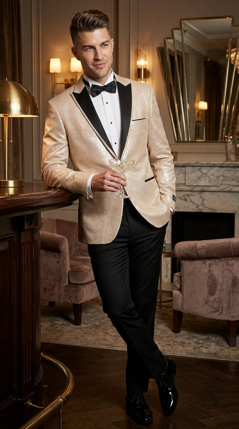 Men’s Gold Blazer with Black Lapel – Elegant Gold Formal Blazer Jacket for Wedding, Prom, Tuxedo in champagne Color