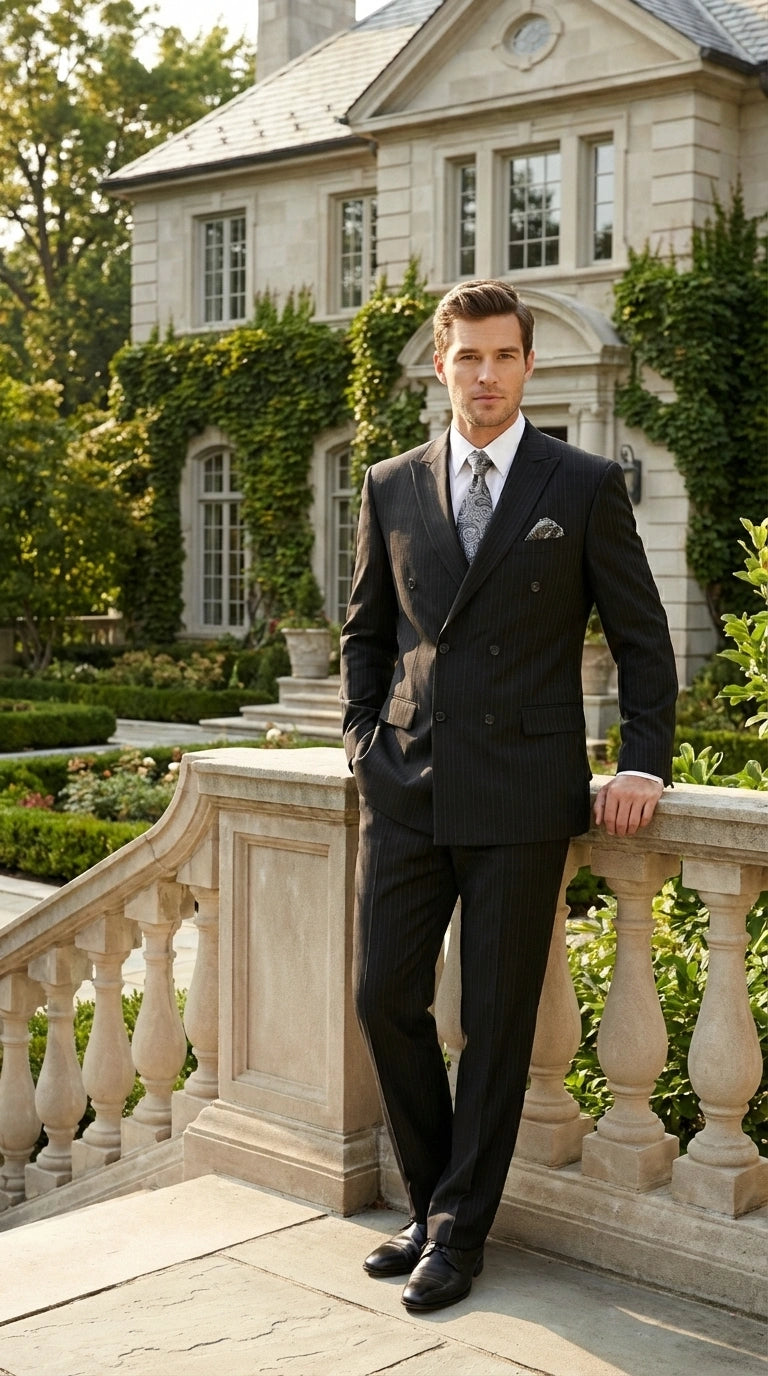 Men’s Black Pinstripe Double Breasted Suit – Peak Lapel Classic Fit Formal Business Conservative settle stripe