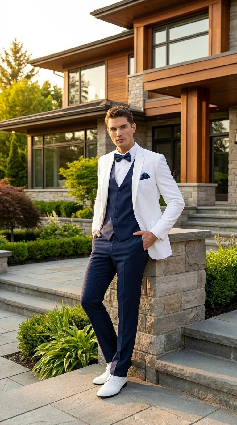 Men’s White and Navy blue tuxedo  3 Piece Suit – Classic White Blazer with Navy Vest and Pants for Wedding, Party + Bowtie