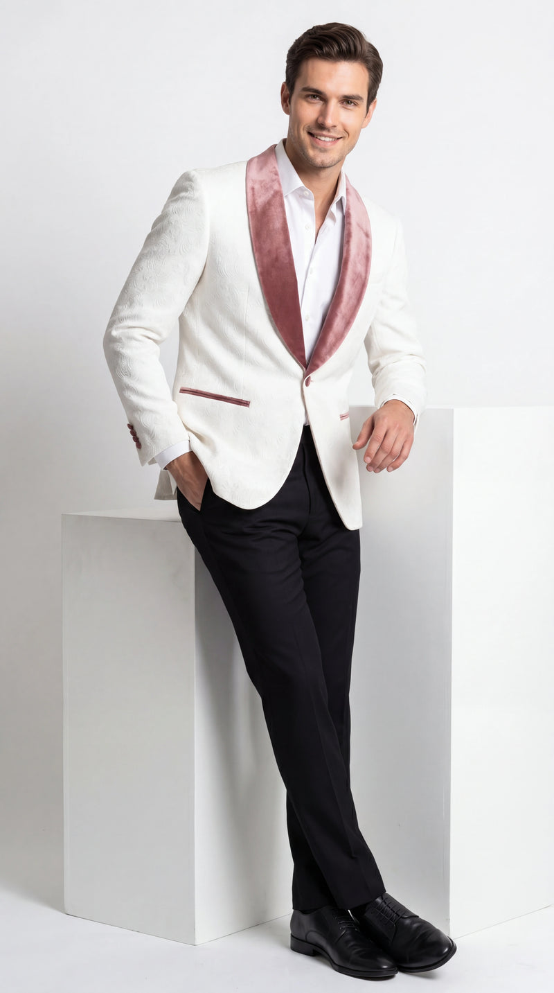 Men’s Ivory and Rose gold Floral Blazer – Elegant Shawl Lapel Formal Blazer Jacket for Wedding, Party, Prom