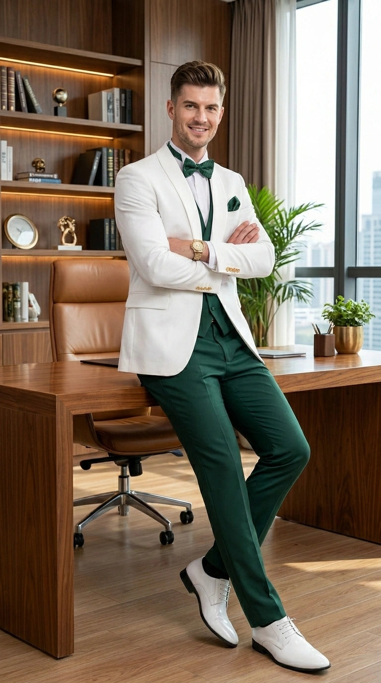 Men’s White and Hunter Green 3 Piece Suit – Elegant Formal Suit with Vest, Wedding Tuxedo Suit for Prom and Party Wear