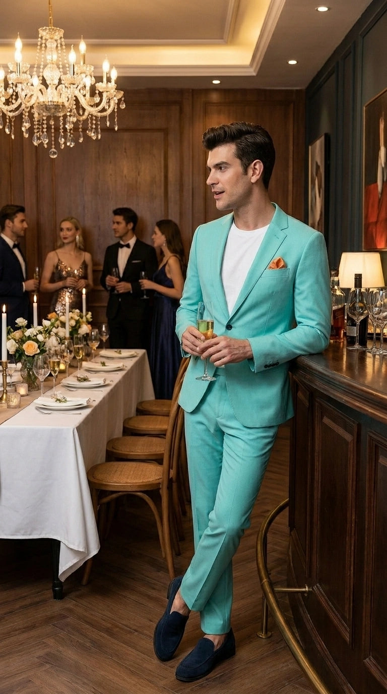 Men’s Turquoise 2 Piece Suit with Jacket and Pants, Formal Wedding Suit for Prom, Parties, Summer Events, and Special Occasions