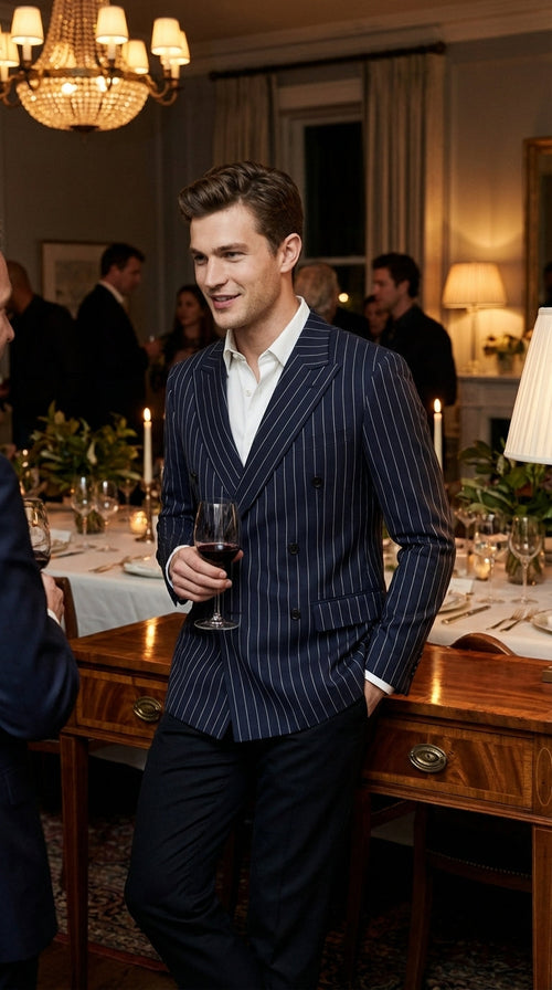 Mens Navy Blue Pinstripe Double Breasted Blazer Sport Coat – Classic Formal Business Jacket for Party and Smart Casual Wear