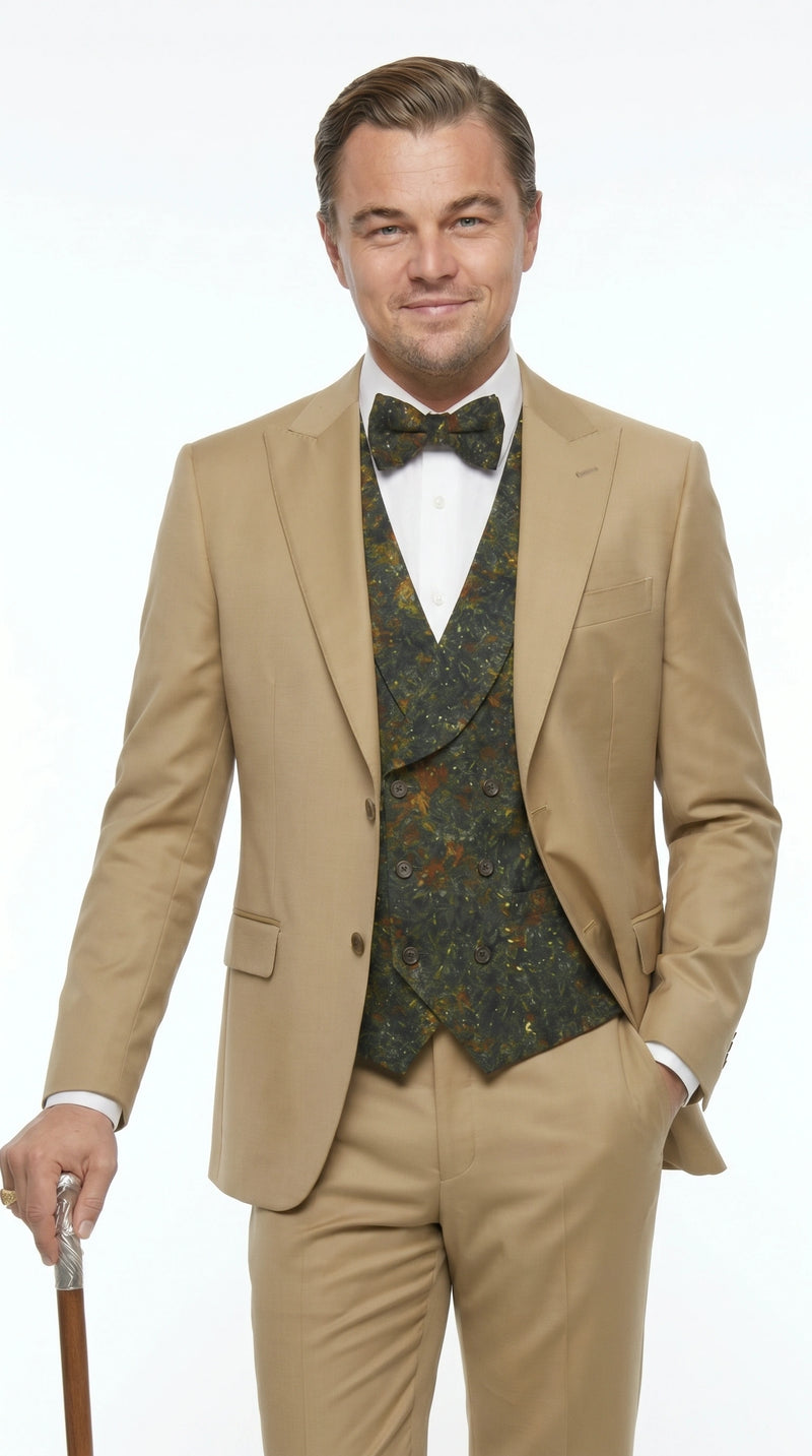 Men’s Khaki 3 Piece Suit with Patterned Vest, Great Gatsby Inspired Formal Suit for Weddings, Mardi Gra in Tan Camel Color