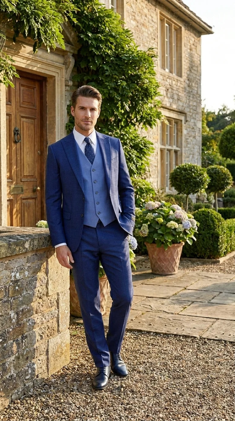 Vitalli Men’s Navy Blue 3 Piece Suit with Light Blue Vest, Textured Formal Dress Suit for Weddings, Prom, Business Events, and Parties