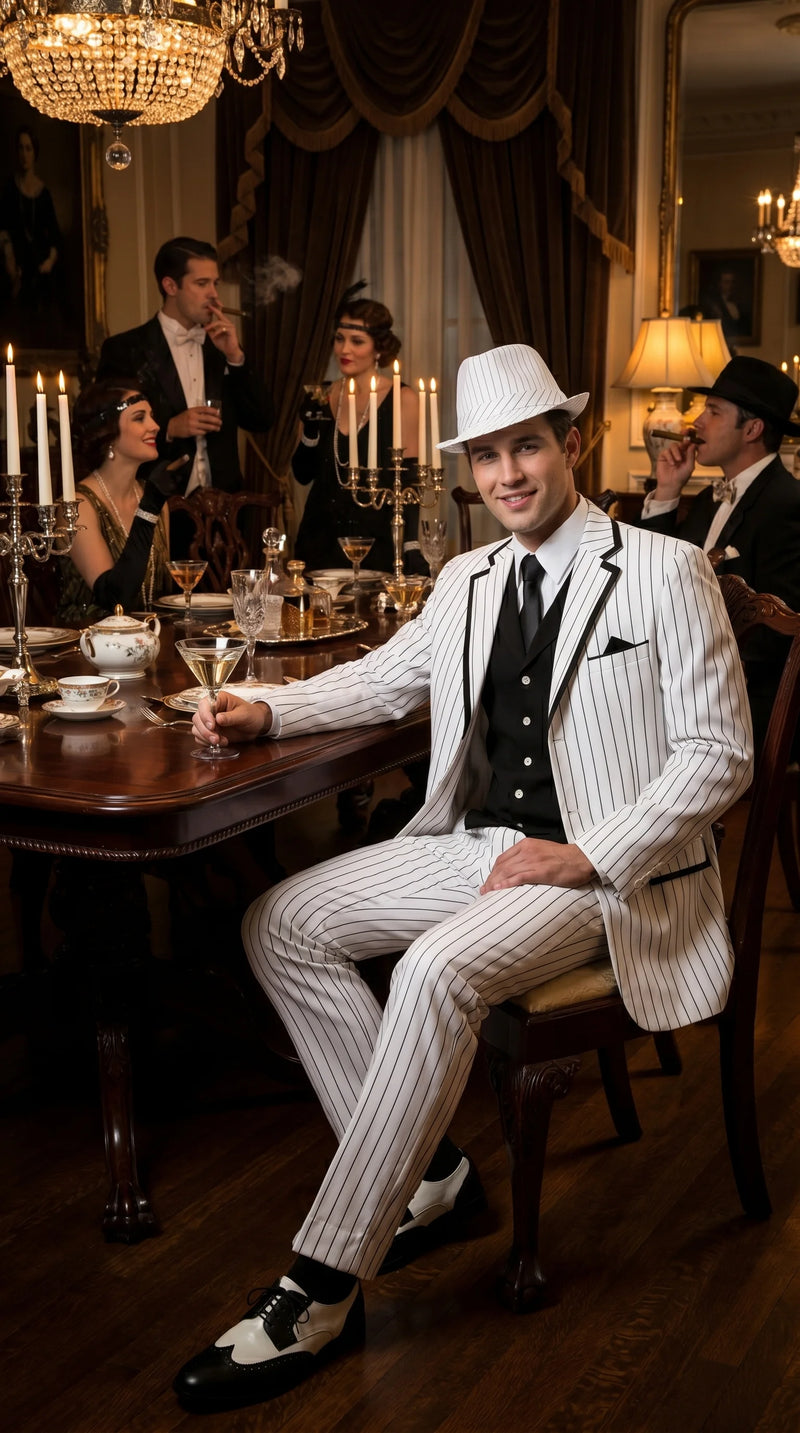 Men’s White Pinstripe 1920s Gangster 3 Piece Suit, Black Contrast Formal Costume Suit for Parties, Prom, Weddings, and Theme Events