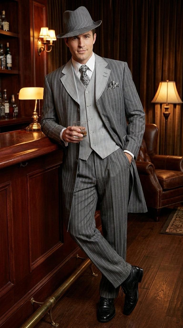 Men’s Grey Pinstripe Zoot Suit 3 Piece – 1920s Gangster Vintage Wide Lapel Suit with Vest for Wedding, Party