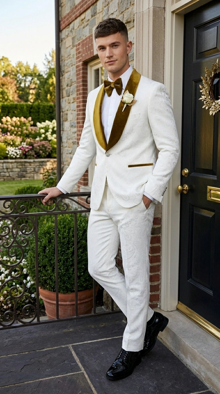 Men’s White Paisley 3 Piece With Vest Prom Tuxedo with Gold Velvet Shawl Lapel, Formal Wedding Suit Set