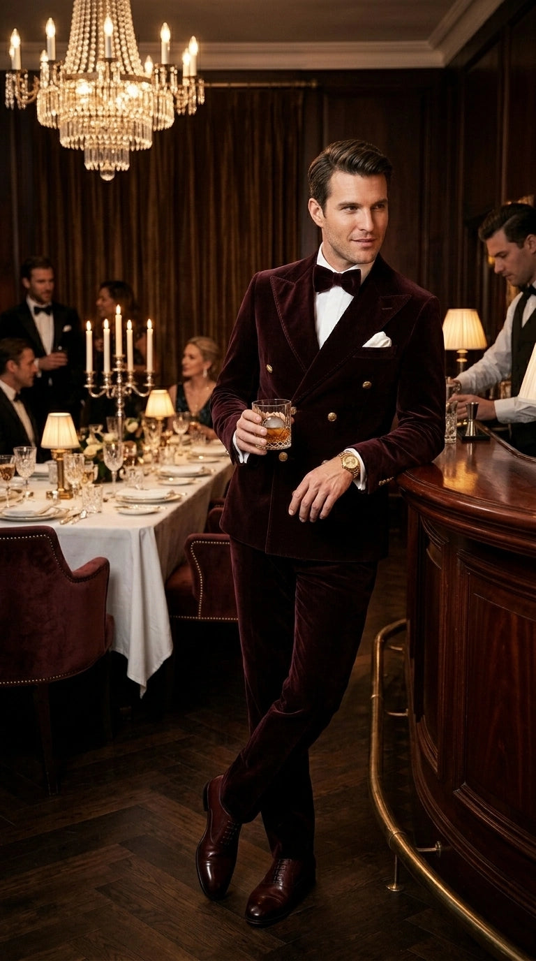 Men’s Dark Brown Velvet Blazer and Pants 2 Piece Suit, Double Breasted Formal Dinner Suit for Weddings, Prom