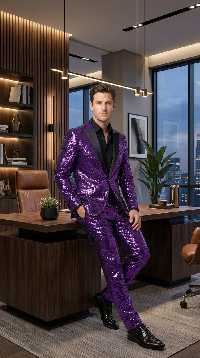 Men’s Purple Glitter Tuxedo Suit with Black Lapel, Party Stage Performance Formal Suit
