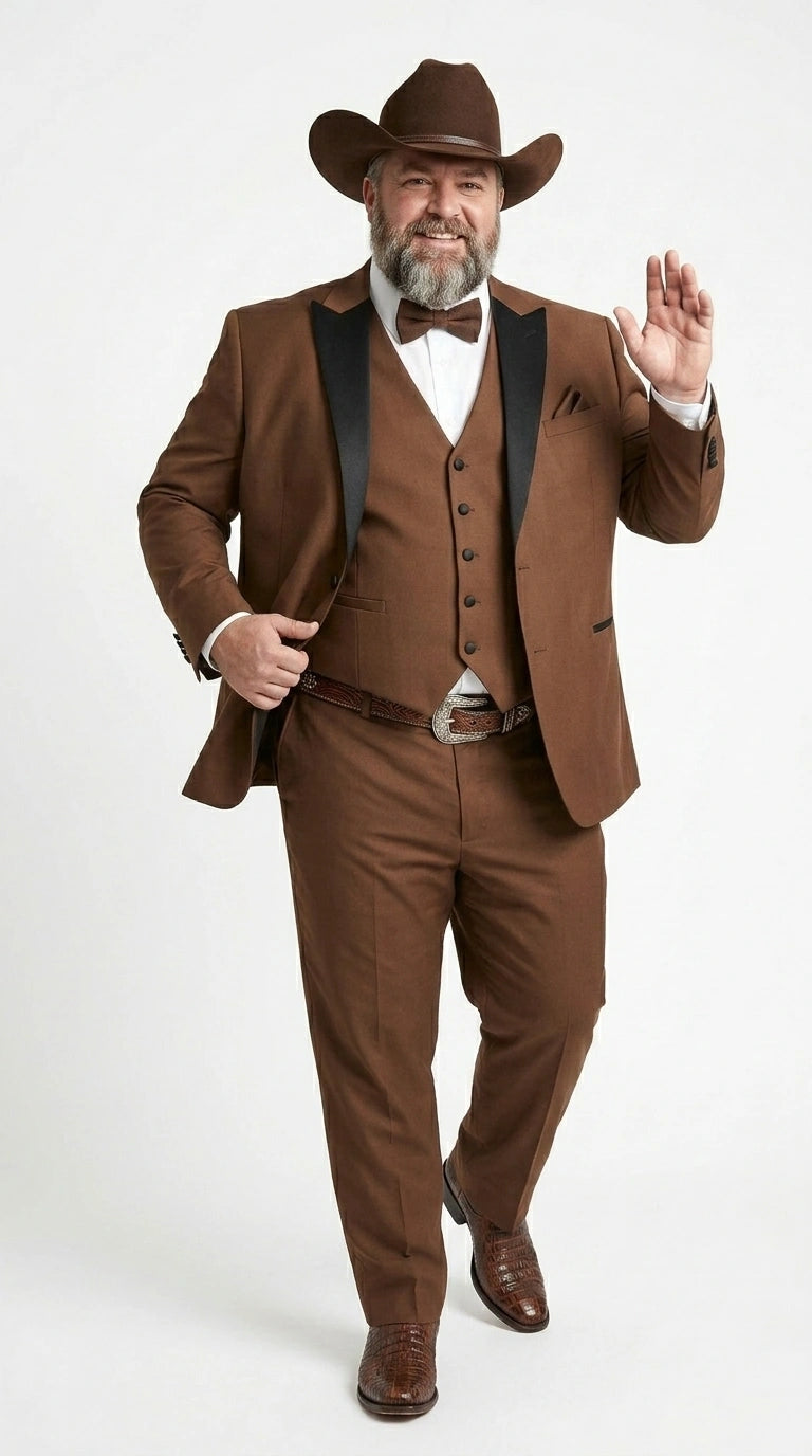 Men’s Light Brown Western Tuxedo 3 Piece Suit with Black Peak Collar Lapel, Country Look Cowboy Suit