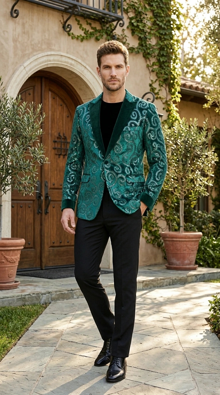 Men’s Emerald Green Paisley Tuxedo Dinner Jacket with Black Lapel, Formal Prom Wedding Party Blazer