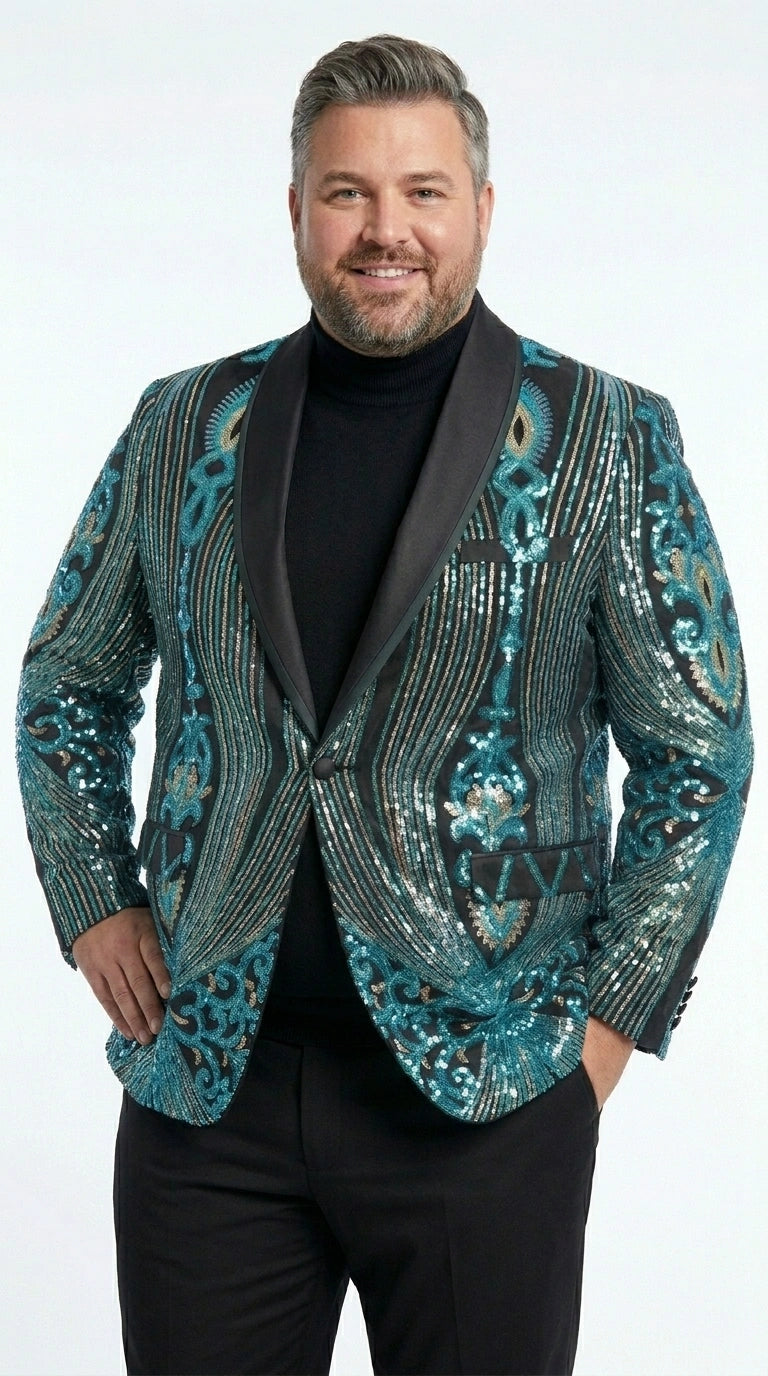 Men’s Black and Turquoise Blue With teal green Sequin Dinner Jacket, Formal Prom Wedding Paisley Floral Mardi Gra Pattern