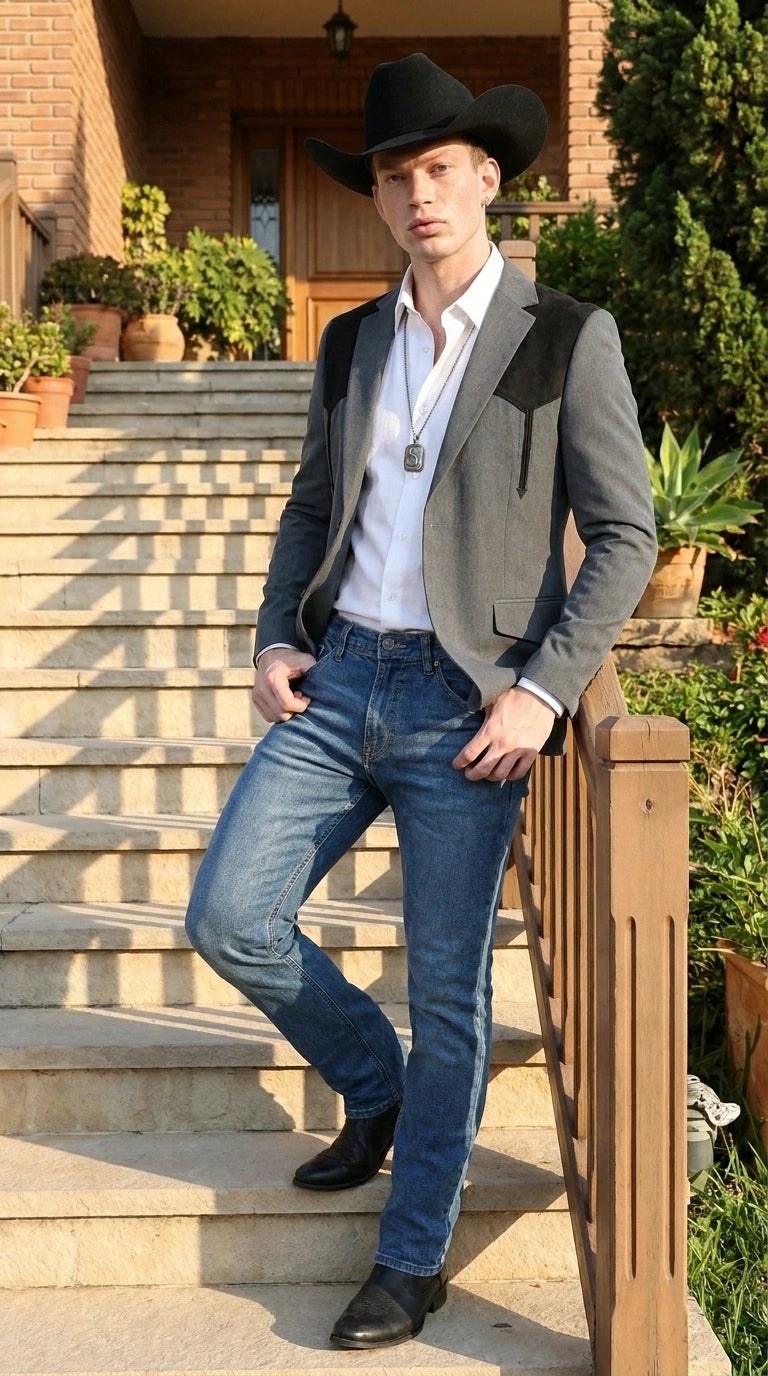 Men’s Dark Charcoal Western Blazer with Black Suede Yokes, Cowboy Sport Coat for Ranch Wedding and Country Events By Platini