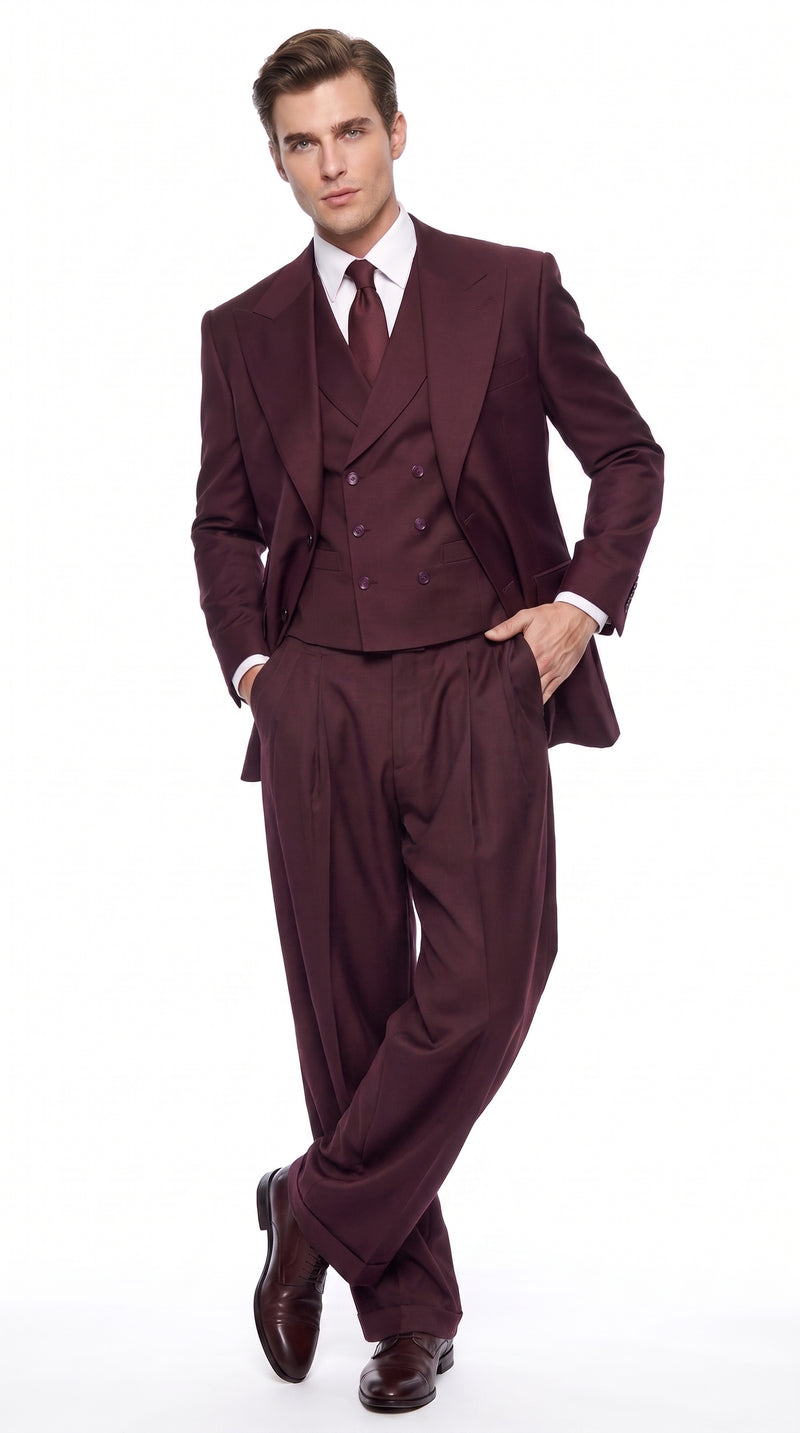 Tiglio Rosso Men’s Burgundy Wool Suit – Classic Fit Big Lapel Suit with Wide Leg Pleated Pants & Side Vents