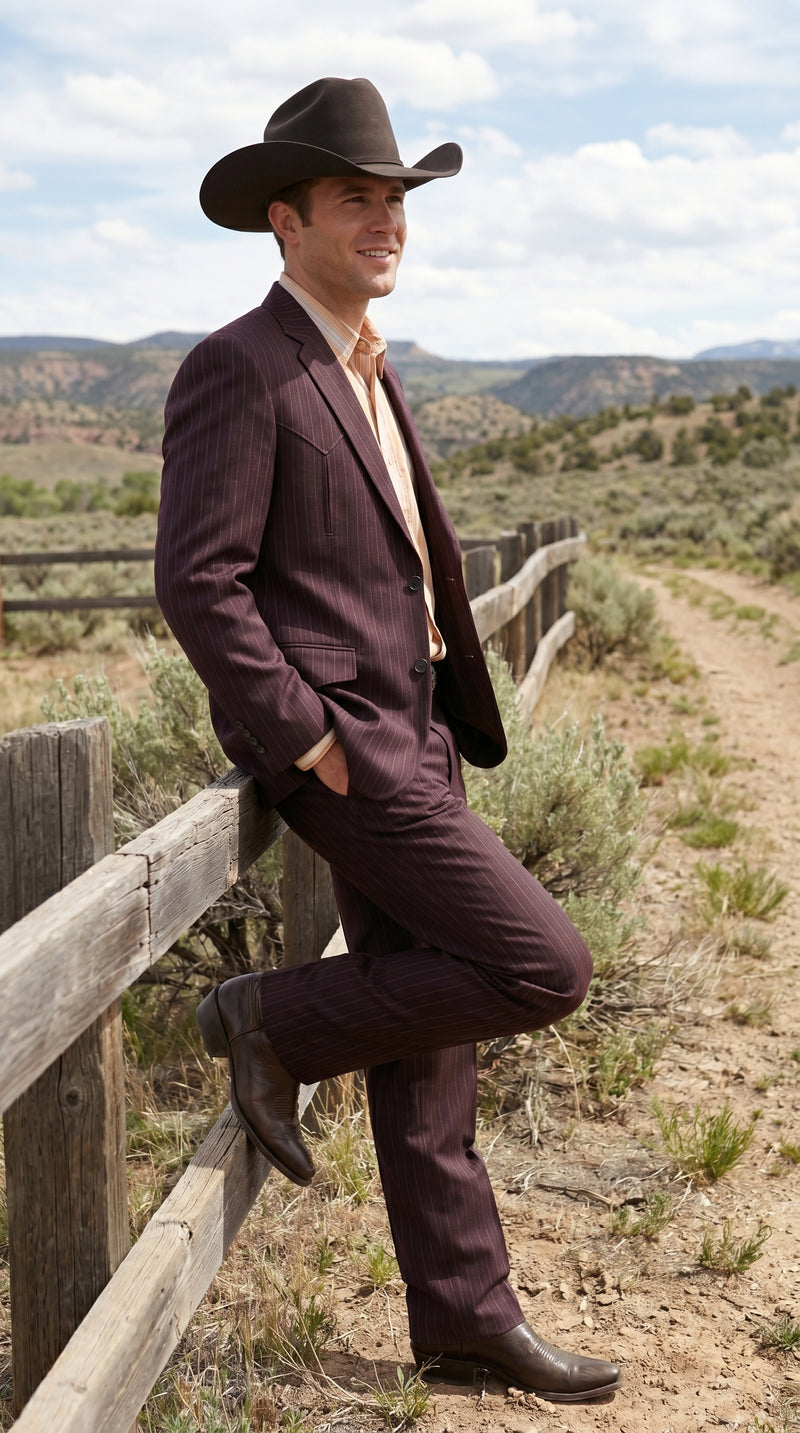 Men’s Brownish Black Pinstripe Western Suit, Cowboy Formal Wedding Ranch Dress Suit Set Slim Fitted