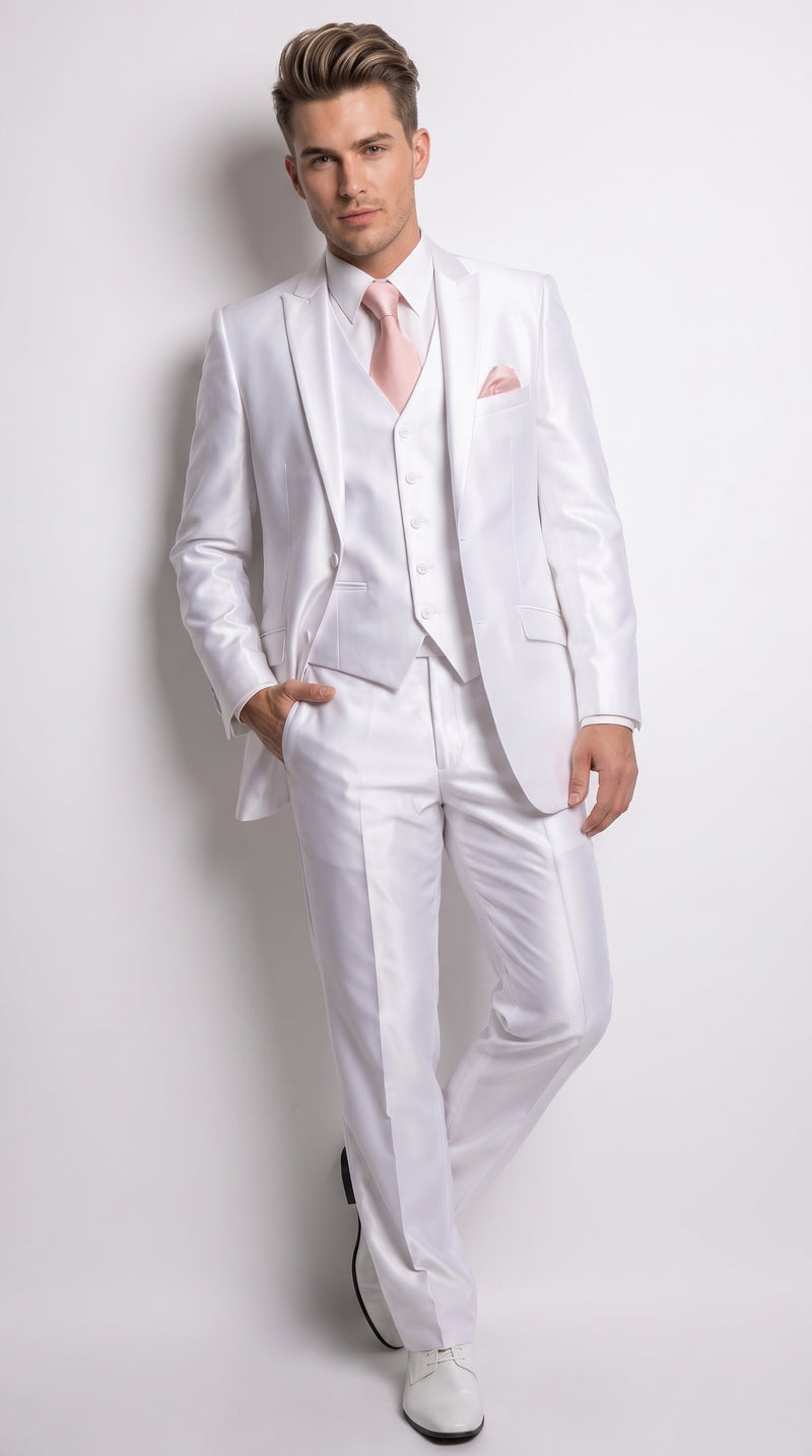 Men’s Shiny White Sateen 3 Piece Suit – Wedding Prom Formal Suit with Vest