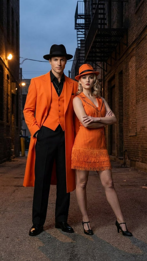 Men's Halloween costume: orange zoot suit (vest, black shirt, pants), black fedora. Women's: fitted orange dress, straight silhouette, fringe. Both feature vibrant orange, coordinated style.

