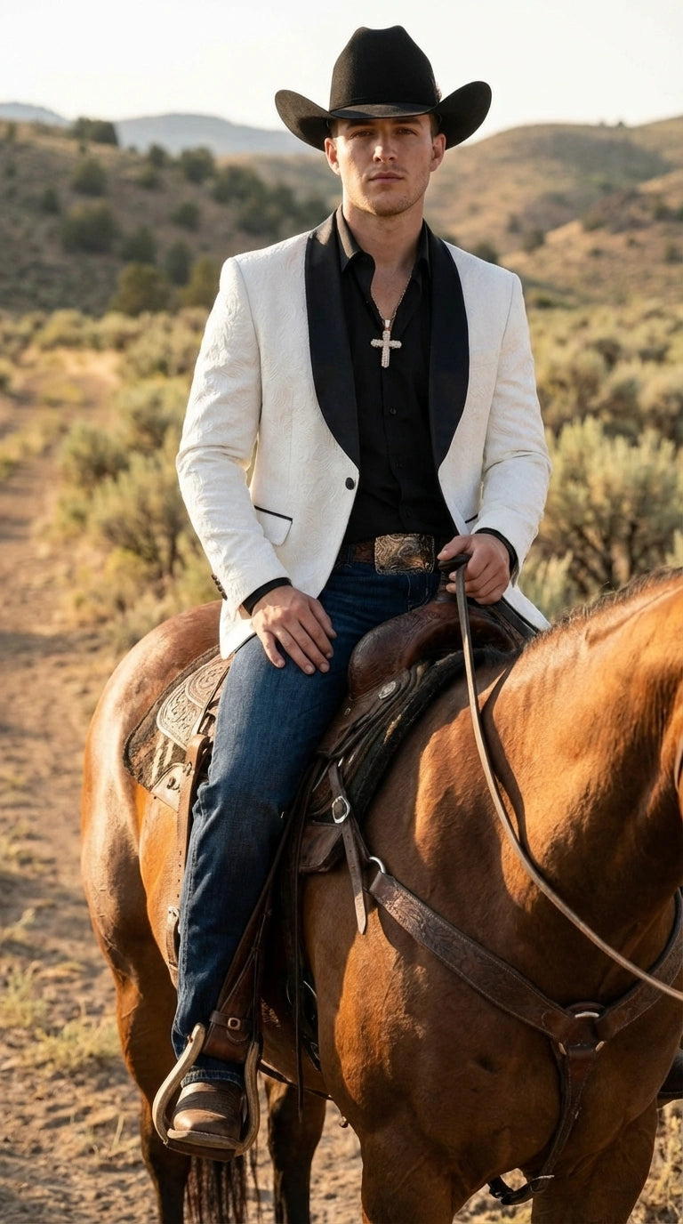Men’s White Cowboy Blazer with Black Shawl Lapel – Western Formal Jacket for Wedding and Special Events