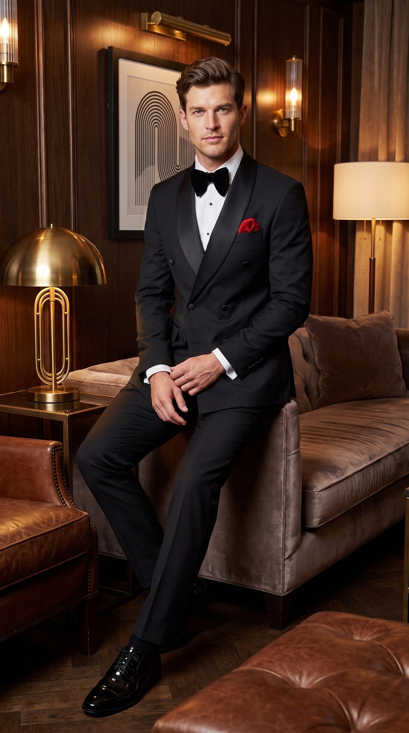Men’s Black Double Breasted Evening Wear Suit with Satin Shawl Lapel and Red Pocket Square