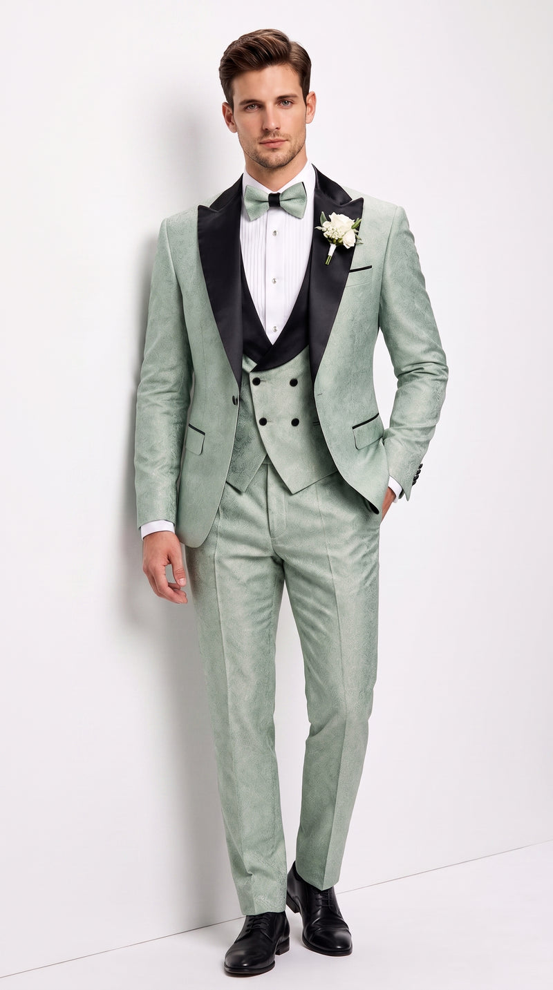 Men’s Sage Green Wedding Tuxedo with Black Shawl Lapel – 3 Piece Groom Prom Suit Mintish Color
