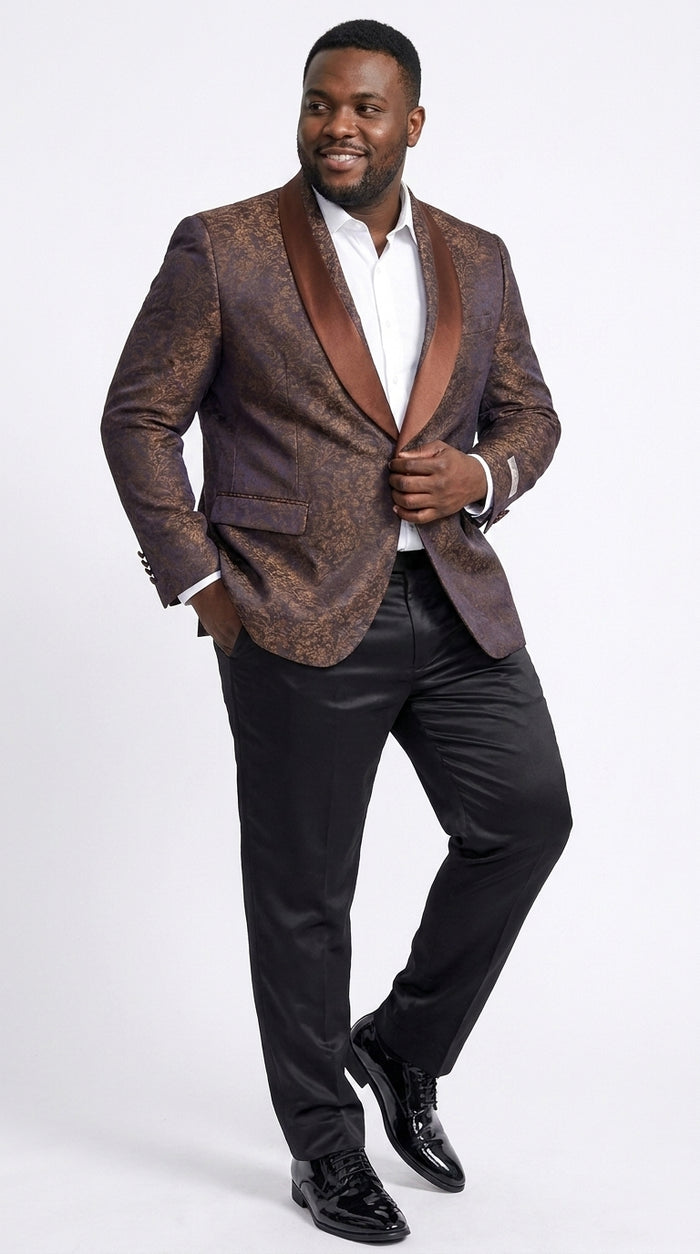 Men’s Light Brown Paisley Tuxedo Jacket, Wedding Prom Dinner Blazer with Satin Shawl Lapel