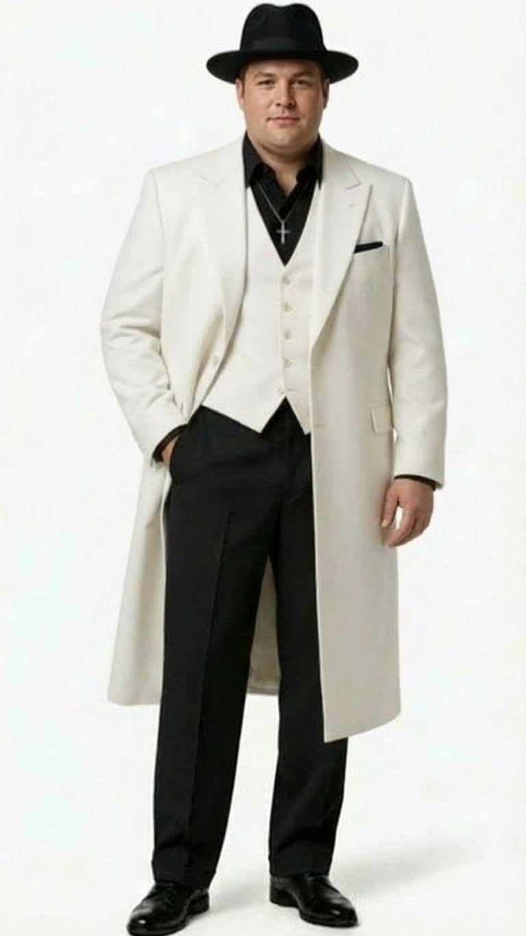 Mens White Long Zoot Suit Costume Set with Black Pants - Wedding, Prom and Party Outfit 1920s - 1930s Gangster Style