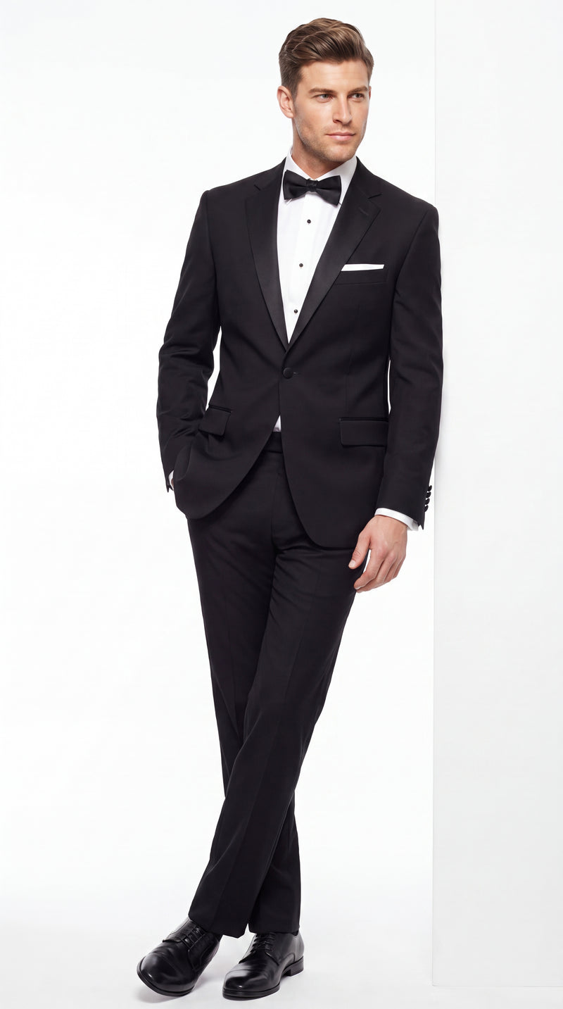 Men’s Black Uniform Tuxedo – One-Button Satin Lapel Formal Suit for Weddings, Prom and Events