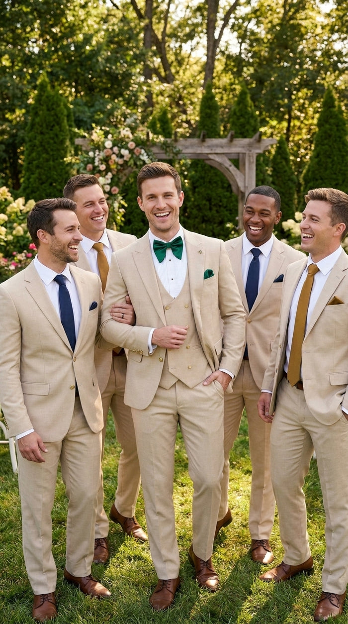 Men’s Khaki Tan 3-Piece Groomsmen Suit – Wedding Suit with Double-Breasted Vest and Pants Great Gatsby Style Gold buttons