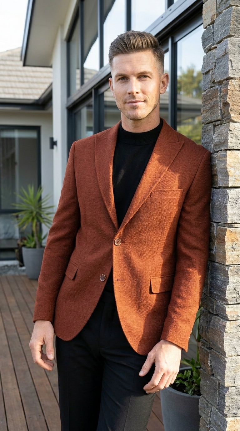 Men’s Rustic Brown Textured Blazer with Notched Lapel, Formal Dress Jacket for Weddings, Parties, Business Look