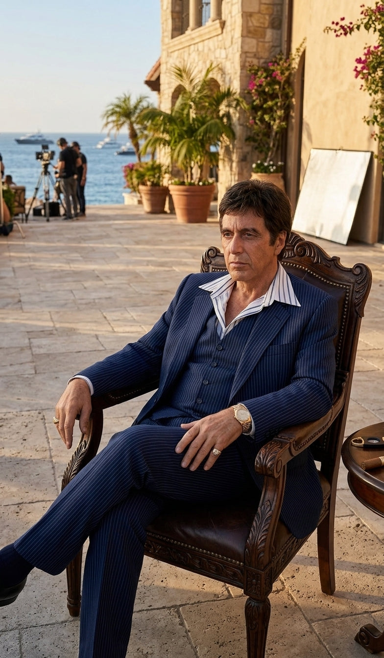 Tony Montana’s Blue Pinstripe 3 Piece Suit – Men’s Vintage Blue Striped Suit for Wedding, Prom and Classic Formal Wear