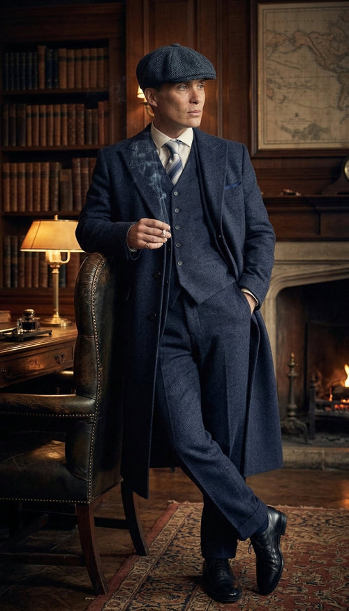 Men’s Navy Blue Herringbone Tweed  1920s 3 Piece Suit with Overcoat – Vintage Peaky Blinder Style Formal Suit Set with Blazer, Waistcoat + Overcoat + Hat