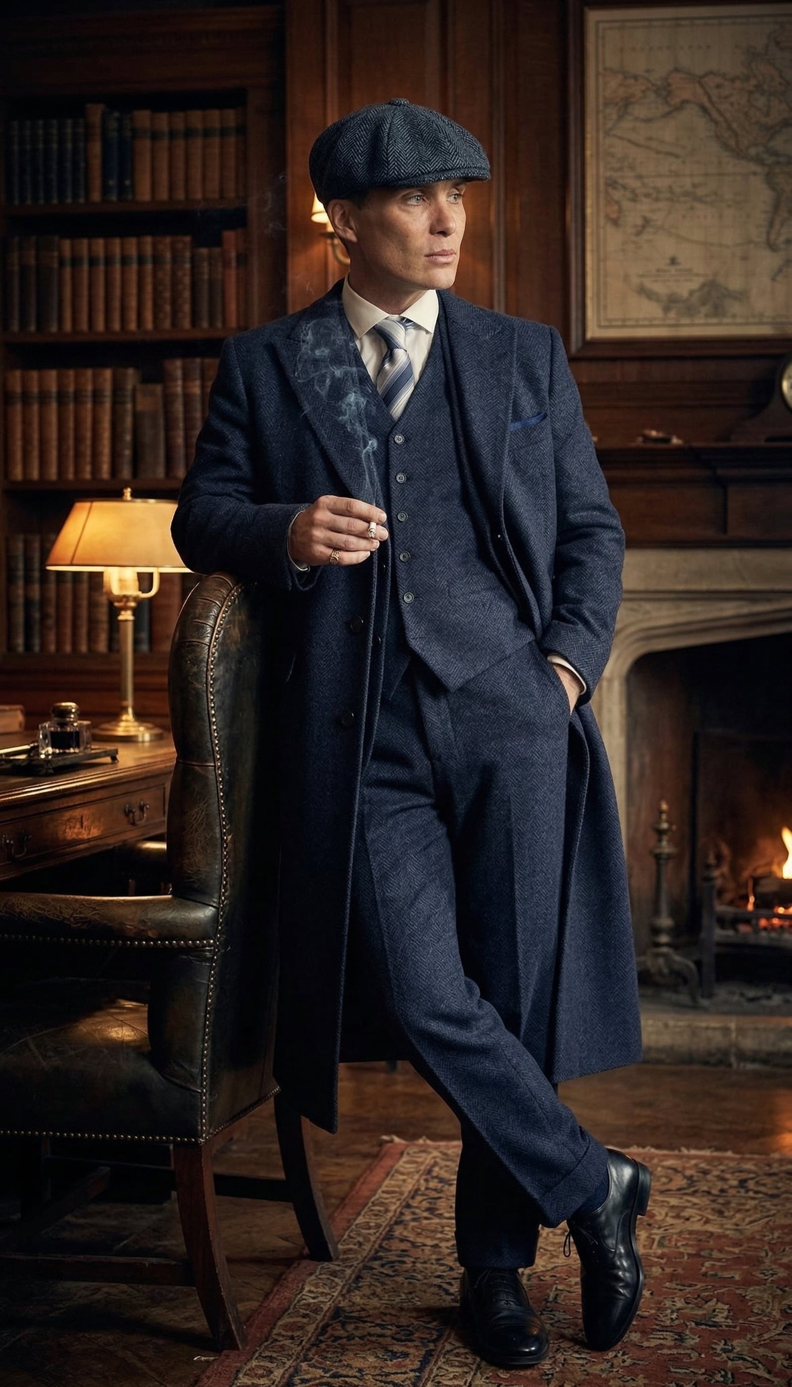 Men’s Navy Blue Herringbone Tweed  1920s 3 Piece Suit with Overcoat – Vintage Peaky Blinder Style Formal Suit Set with Blazer, Waistcoat + Overcoat + Hat