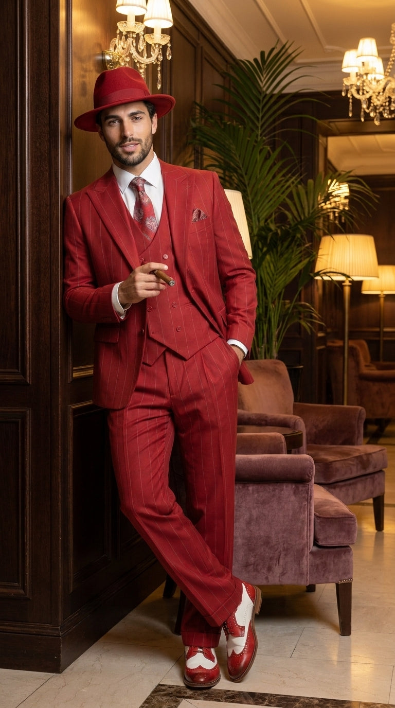 Men’s Red & White Pinstripe 3-Piece Suit by Mazari – Peak Lapel Classic Fit Gangster Suit with Pleated Pants