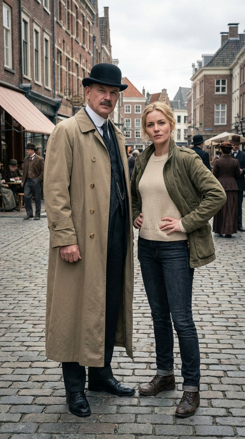 Men’s Beige Cotton Trench Coat Suit Package – Classic Long Overcoat for Formal + Suit + Hat