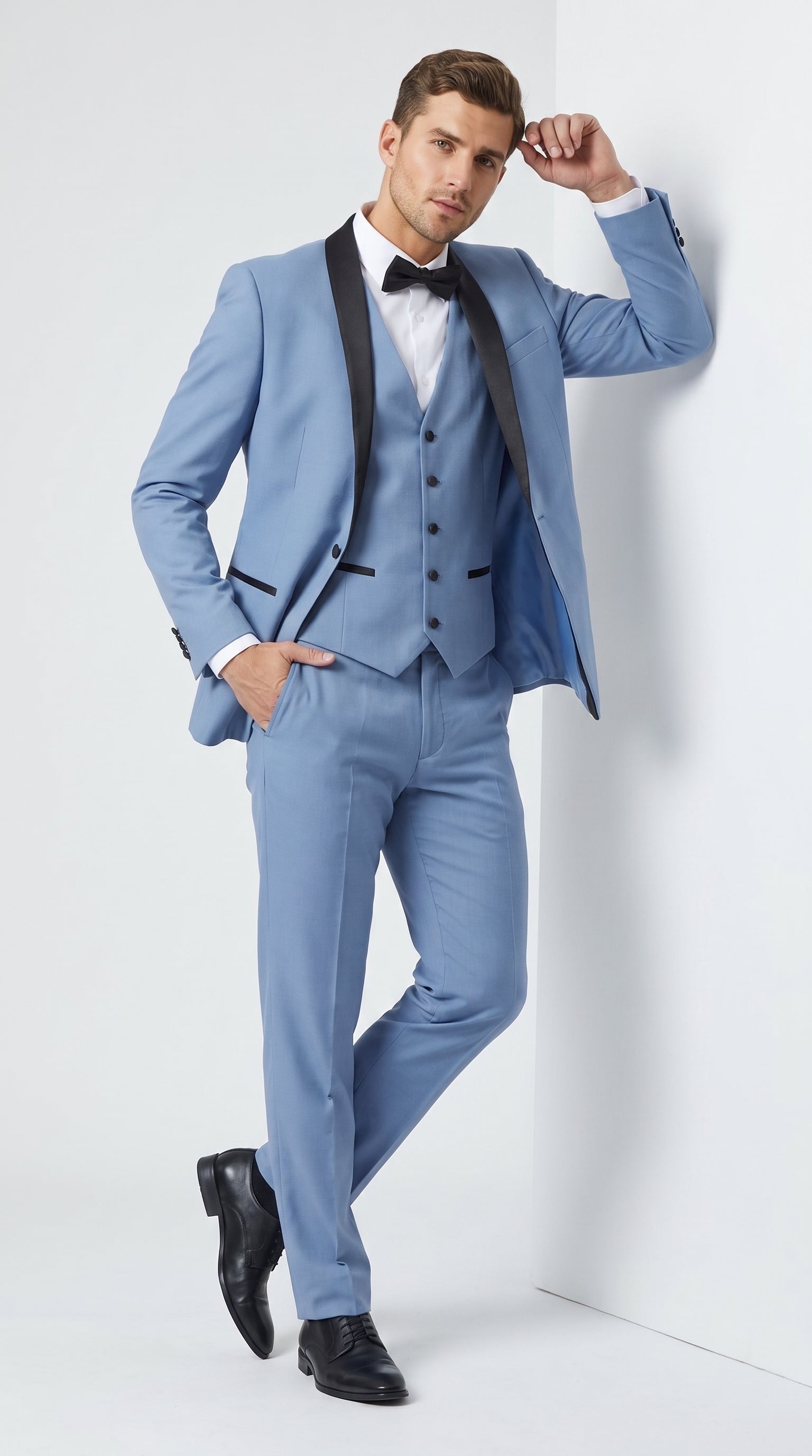 Men’s Powder Blue 3 Piece Tuxedo Suit – Light Blue Shawl Lapel Wedding Prom Suit with Vest
