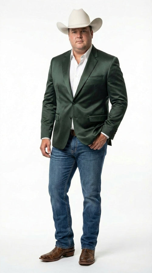 Mens Shiny Dark Green Cowboy Blazer – Western Style Satin Finish Blazer for Party, Country Hunter Color