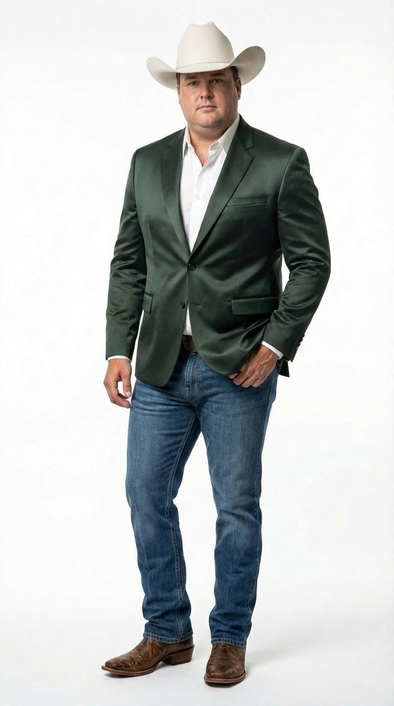 Mens Shiny Dark Green Cowboy Blazer – Western Style Satin Finish Blazer for Party, Country Hunter Color