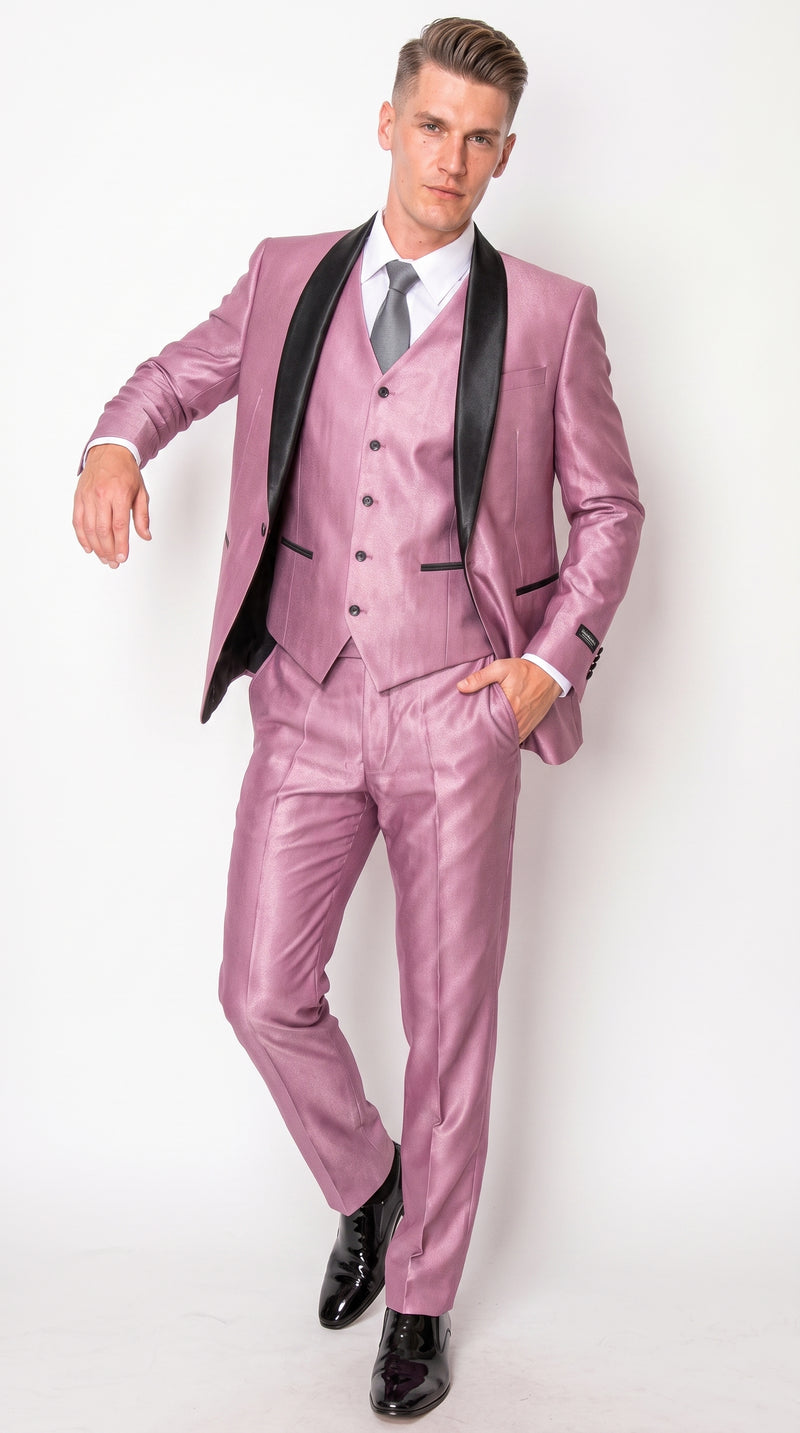 Men’s Shiny Mauve Pink 3 Piece Tuxedo – Wedding & Prom Suit with Black Shawl Lapel
