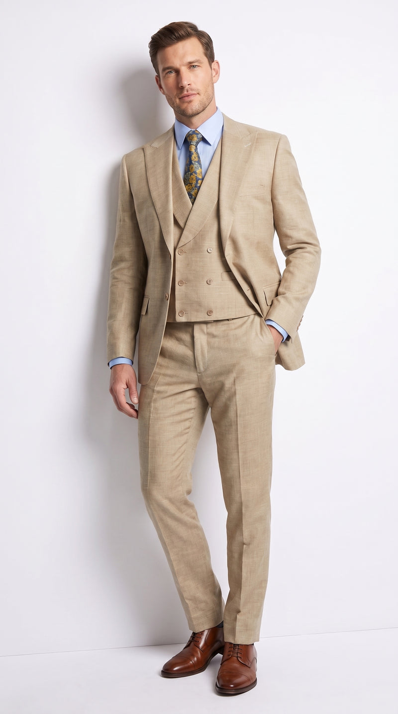 Men’s Great Gatsby Tan Summer Sharkskin 3 Piece – Double Breasted Vest Classic 1920s Groosmen Suit