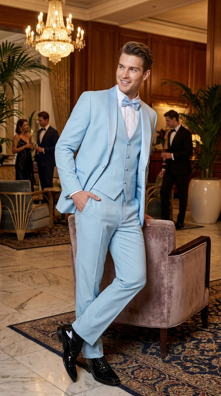 Men’s Powder Blue 3-Piece Tuxedo – Light Blue Wedding & Prom Suit with Vest in Light Blue Sky Color